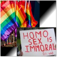 image with gay pride flags on left, anti-homosexuality protest sign on the right