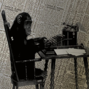 Chimp writing a new Pious Eye site post.